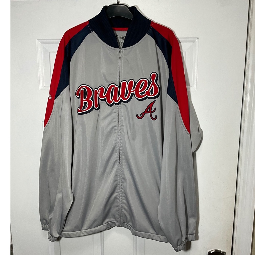 Stitches Atlanta Braves Jacket Mens Large Grey Red Full Zip Windbreaker MLB